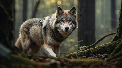 A wolf in a green forest