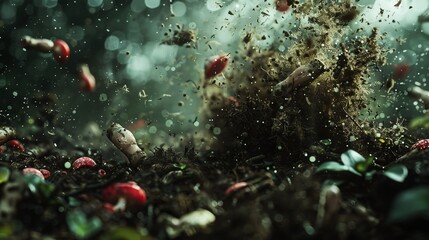 Dynamic image showing bacteria and fungi actively decomposing organic material in the soil, releasing nutrients for plant absorption