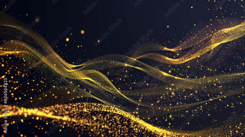 Poster abstract golden wave. shiny gold line design element with sparkling effect on dark background