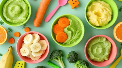Infant food consisting of bowls filled with pureed vegetables and fruits in green, orange, and yellow hues, including broccoli, carrots, banana, and apple, accompanied by baby accessories and toys