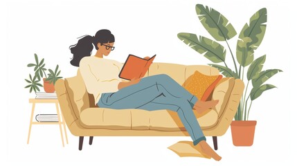 A woman lying on a couch with a tablet, reading an e-book and taking notes. illustratin style.
