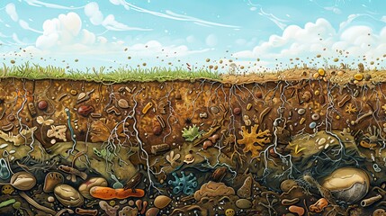 Detailed scientific illustration of microorganisms in action within soil, highlighting the decomposition of organic material