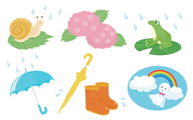 梅雨（6月）カタツムリ・紫陽花・蛙・傘・長靴・虹・てるてる坊主
