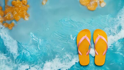 Yellow flip-flops on blue wet surface with foamy water surrounding them