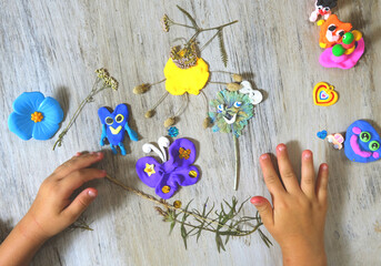 Autumn crafts with natural dry flowers, grass, leaves. Creating butterfly, sun from plasticine,...