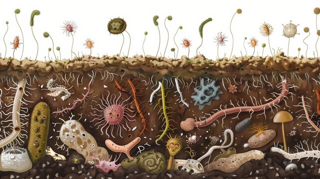 Detailed scientific illustration of microorganisms in action within soil, highlighting the decomposition of organic material