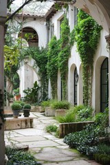Fototapeta premium Picture a secluded courtyard hidden behind weathered concrete walls, where ivy-covered arches frame a tranquil space filled, Generative AI