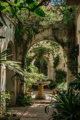 Naklejka premium Picture a secluded courtyard hidden behind weathered concrete walls, where ivy-covered arches frame a tranquil space filled, Generative AI