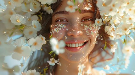 Portrait of a happy young woman in blooming. Flower covering her head and face. Close up portrait of a lovely woman in summer dress. Generative AI.