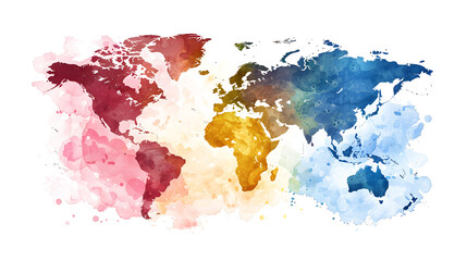 High detailed Multicolor Watercolor World Map Illustration with border son white and transparent background, Side View.