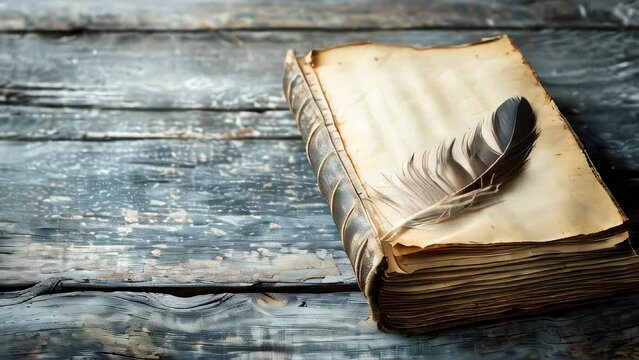 Antique book open on rustic wooden surface with feather quill