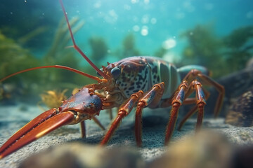 Majestic Ocean Crawler: A spiny lobster traverses the seabed, its vibrant hues a stark contrast against the sandy bottom. 
