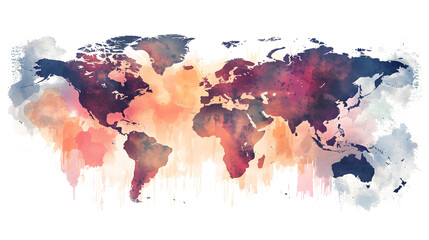High detailed Multicolor Watercolor World Map Illustration with border son white and transparent background, Side View.