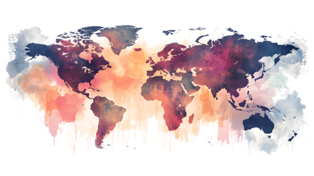 High detailed Multicolor Watercolor World Map Illustration with border son white and transparent background, Side View.