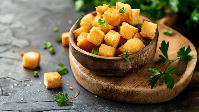 Golden croutons in wooden bowl on dark surface, garnished with parsley