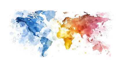 High detailed Multicolor Watercolor World Map Illustration with border son white and transparent background, Side View.