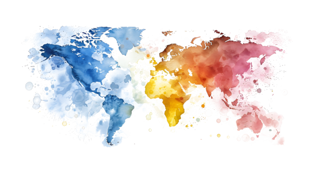 High detailed Multicolor Watercolor World Map Illustration with border son white and transparent background, Side View.