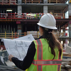 Plakat A back view of a female architect reviewing blueprints at a busy construction site, wearing a hard hat and safety vest