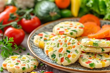 A closeup of homemade vegetable cookies, creatively arranged on a plate with a colorful vegetable garden background
