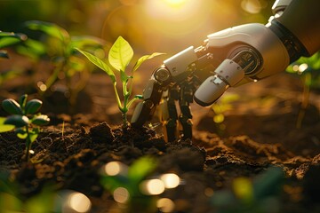 A robot hand is planting a plant in the soil. The sun is setting in the background. - Powered by Adobe