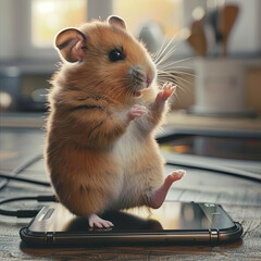 A hamster standing on a smartphone, spinning the screen with its little paws as if on a wheel
