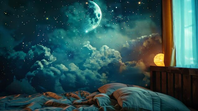 Bedroom with bed and view of surreal night sky filled stars clouds