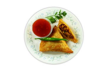 traditional indian gujarati food tea time snack vegetable stuffed samosa or matar kachori,punjabi samosa,aloo samosa, with chilli tomato sauce,cutout in transparent background,png format