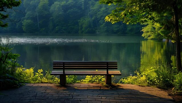 Empty park bench overlooking serene lake surrounded by verdant trees
