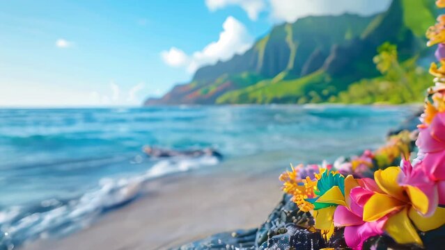 Colorful lei on rocky coastline with ocean and cliffs in background at sunset