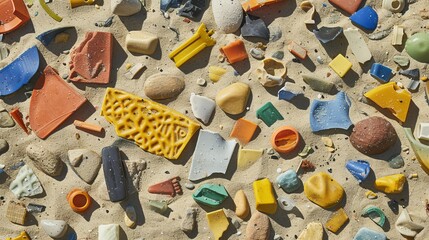 Obraz premium Detailed depiction of weathering plastic parts of different colors, polluting pristine sand, captured in a raw, realistic style