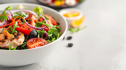 A white bowl filled with a salad of tomatoes, onions, and carrots