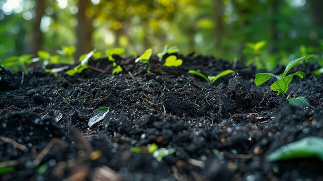 Close-up on a variety of plant residues breaking down into the soil, releasing carbon and nutrients, natural decomposition process