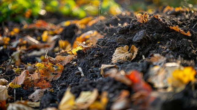 Close-up on a variety of plant residues breaking down into the soil, releasing carbon and nutrients, natural decomposition process