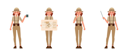 Set of Archaeologist woman wear brown suit character vector illustration design. Presentation in various action.