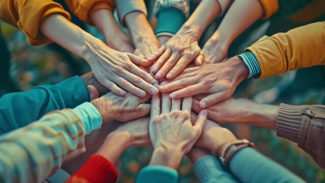Concept of teamwork and collaboration. Holding hands in close-up top view symbolizes harmony and unity.