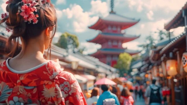 A young woman in a red kimono wears traditional clothing for the New Year's event. In Kyoto, local Japanese culture