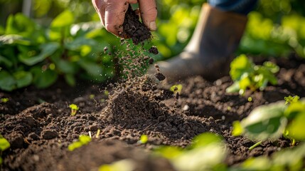 A hands-on gardening scene with a person mixing compost into garden soil, demonstrating the use of nutrient-rich amendments