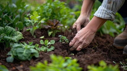 A hands-on gardening scene with a person mixing compost into garden soil, demonstrating the use of nutrient-rich amendments