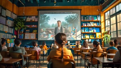 Children in a classroom at school Enthusiastic students attend classroom lectures filled with AI technology and its efficiency with the education system.