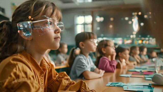 A close-up of an elementary school student in a classroom with CGI technology shows how AI can contribute to a personalized learning experience and efficiency in the education system. - Powered by Adobe