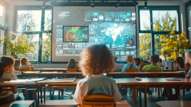 Children in a classroom at school Enthusiastic students attend classroom lectures filled with AI technology and its efficiency with the education system.