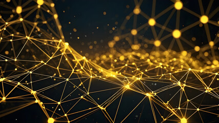 Abstract polygonal background from lines, dots and glowing particles with plexus effect. Artificial intelligence connectivity or technology concept. Digital vector mesh illustration in dark yellow