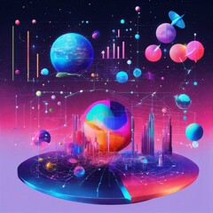 Data analytics and artificial intelligence with graphs and charts, space theme with neon multicolour, surreal collage.