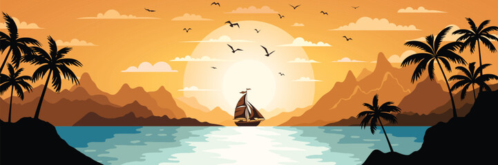 Naklejka premium Seascape at sunset with sailing yacht, picturesque sky, summer vacation, vector cartoon
