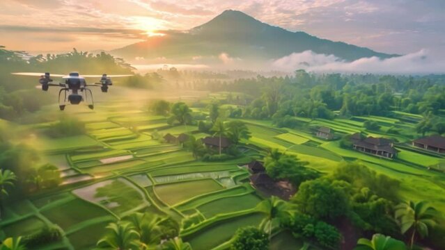 Aerial view of a drone flying over a green agricultural field on a morning mountain view and a drone farmer bridging the gap between nature and cyber technology.