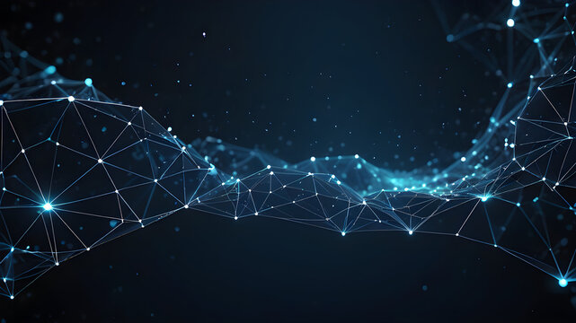 Abstract polygonal background from lines, dots and glowing particles with plexus effect. Artificial intelligence connectivity or technology concept. Digital vector mesh illustration in dark blue
