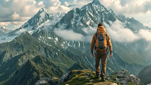 An outdoor adventure in the mountains, with CGI enhancements showcasing how AI algorithms predict weather patterns and provide real-time navigation assistance for hikers
