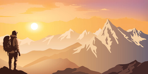 A tourist meets the sunrise in the mountains, hiking, adventure tourism and travel, vector illustration	