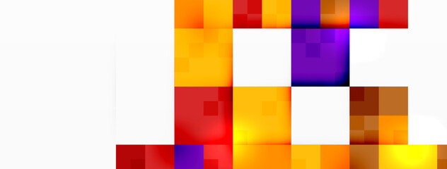 A collection of vibrant squares in various shades like electric blue, orange, and brown, creating a colorful pattern with symmetry on a white background