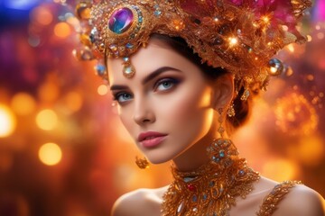 Fototapeta premium Fair-skinned girl wearing an ornate tiara on defocused lights background. AI generated images.